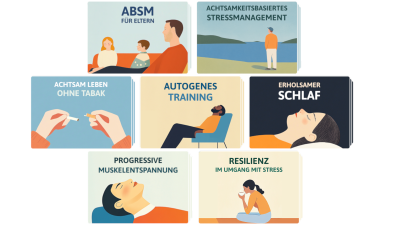 Kacheln mit 7Mind Kursübersicht: "Autogenes Training", "Achtsam leben ohne Tabak", "Achtsamkeitsbasiertes Stressmanagement", "ABSM für Eltern", "Erholsamer Schlaf", "Progressive Muskelentspannung", "Resilienz im Umgang mit Stress"