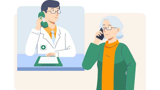 Illustration von einem Arzt und einer Frau im Telefongespräch.