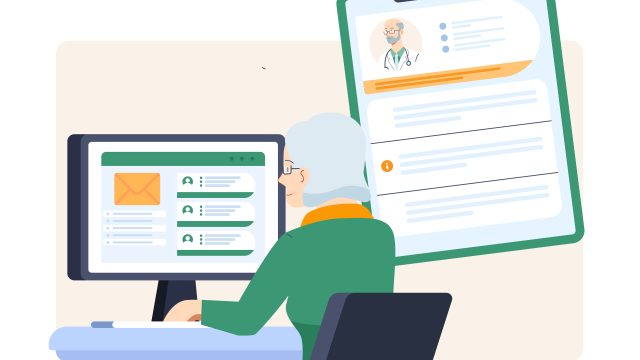 Illustration von einer Frau am Computer und einer schriftlichen Auskunft.