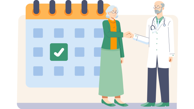 Illustration von einem Kalender, daneben die Patientin und ein Arzt.