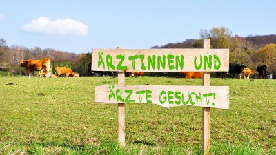 Schild "Ärztinnen und Ärzte gesucht!" auf Weide