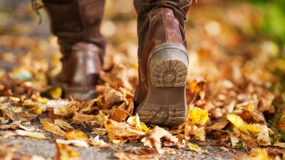 Es sind nur die Schuhe einer Frau zu sehen, die durch den Herbstwald spaziert