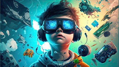 Ein Kind mit VR-Brille und Kopfhörern in der virtuellen Welt, im Raum um das Kind schweben Controller, Computerteile und Spielekonsolen in der Luft.