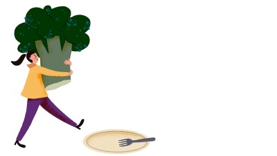 Illustration einer Frau, die einen riesigen Brokkoli umarmt und mit ihm im Arm auf einen am Boden vor ihr liegenden Teller zugeht.