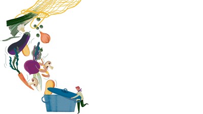 Illustration eines überdimensionalen Kochtopfs, dessen Deckel von einem Mann geöffnet wird. Aus einem gelben Einkaufsnetz am oberen Bildrand fällt Gemüse in den Topf: Porree, Zwiebel, Blumenkohl, Aubergine, Bohnen, Karotten, Pilze, Kartoffeln, Rote Bete.