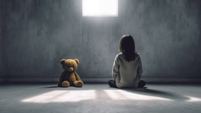 Ein Mädchen sitzt in einem leeren Raum und starrt die Wand an, neben ihr sitzt ein Teddy, der in die Kamera schaut.