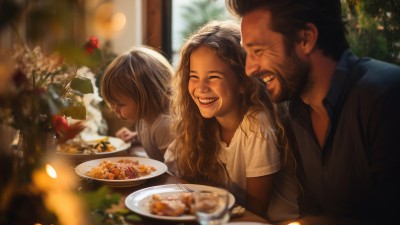 Vater und seine Kinder sitzen fröhlich am festlich geschmückten Tisch und essen.