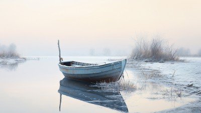 An einem vereisten See liegt ein kleines Boot an.