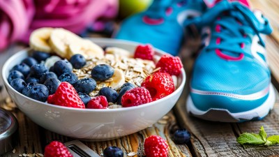 Ein Beispielfoto für einen gesunden Lebenstil: In der Mitte steht eine Schüssel mit Haferflocken, Beeren und Obst. Rechts dahinter steht ein Paar türkisfarbene Sportschuhe. Links vor der Schüssel liegt eine kleine, runde Waage, die einer größeren Armbanduhr ähnelt.