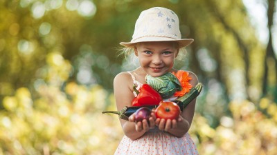 Ein lächelndes kleines Mädchen im Sommerkleid und Strohhut hält eine Auswahl frischer Gemüse in den Händen, im Hintergrund ein unscharfer grüner Garten.