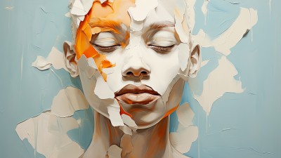 Ein Porträt einer Frau, deren Gesicht teilweise von einer Art gebrochener Farbschicht bedeckt ist. Die Person hat die Augen geschlossen und wirkt friedlich. Die Farben der Schicht sind überwiegend weiß, mit einigen orangefarbenen Akzenten, die das Gesicht betonen. Der Hintergrund ist hellblau.