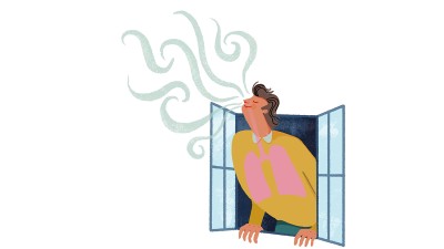 Illustration einer Person, die frische Luft durch ein geöffnetes Fenster einatmet, mit einer Darstellung der Lunge.