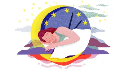 Illustration einer schlafenden Frau, im Hintergrund sind der Mond, Sterne und eine Uhr zu erkennen.